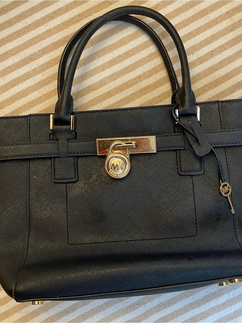 Michael Kors Black Saffiano Leather Satchel with Gold Accent Lock